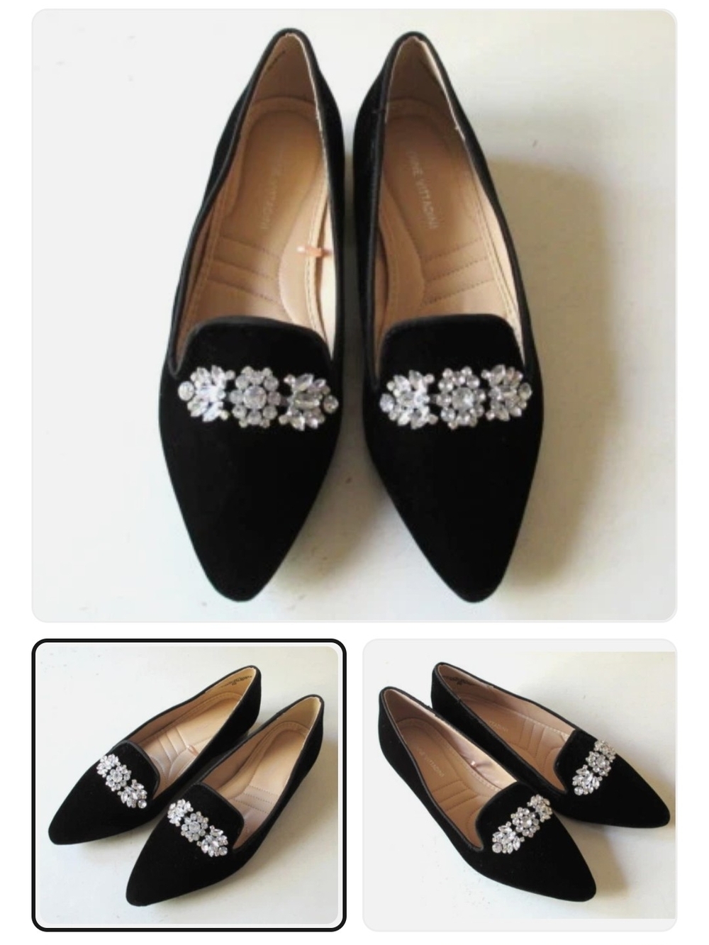 Adrienne Vittadini Black Velvet Pointed Flats with Crystal Accents